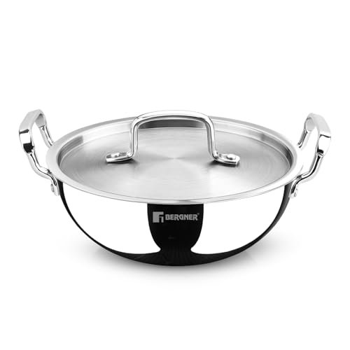BERGNER TriPro Tri-Ply Stainless Steel 24cm (3 L) Deep Kadai/Kadhai with Stainless Steel Lid, Durable Stay Cool Handles, Healthy Cooking, Less Oil Use, Easy to Clean – Induction and Gas Stove Ready