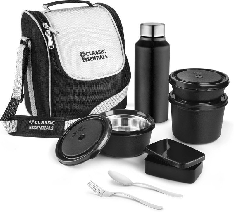 Classic Essentials Microwave Safe Lunch box Set of 5 with Bottle, Bag & Cutlery| 5 Containers Stainless Steel Office Lunch Box(1250 ml)