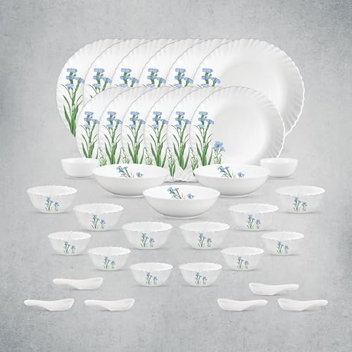 La Opala Opal Glass Crockery | for Family of 6 | Dinner Set 35 pcs Blue Florets | Plates & Bowls for Dining | Microwave Safe | 100% Vegetarian | Extra Strong | Extra Light & White