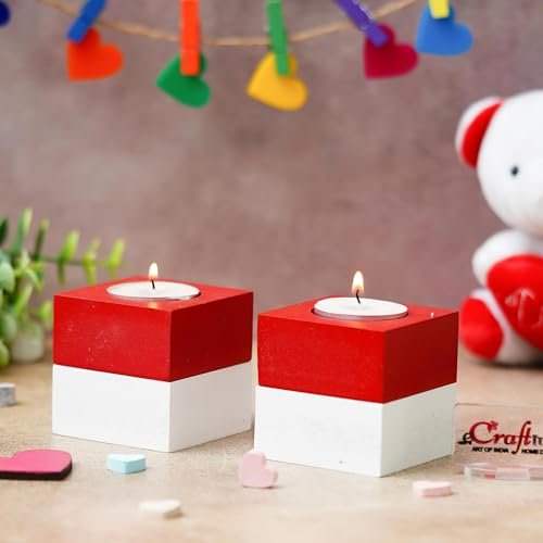 eCraftIndia Square Shape Wooden Tea Light Candle Holders(Red White, Set of 2) | Tea Light Holders for Home Decoration | T Light Candle Holders | Valentine’s Day Decoration Items | Valentine Day Gifts