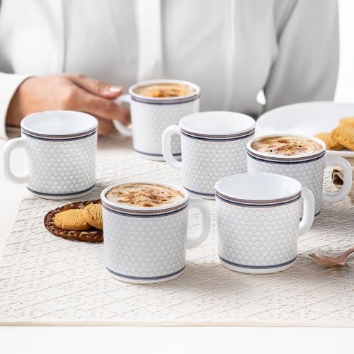 Larah by BOROSIL Premia Series Starlight 6 pc Opalware Tea/Coffee Mug Set (180 ml Each) | Embossed Design, Microwave & Dishwasher Safe | Crockery Set Ideal for Daily Use & Gifting, White