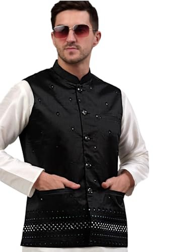 Jompers Men’s Woven Design Embroidered Waistcoat (Black, XL)