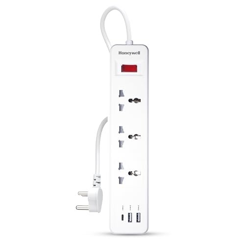 Honeywell 3 Outlet Extension Board with Master Switch, 6 Amps, 250V, 1xType C & 2xUSB, 3 International Sockets, Pure Copper, 6 Advanced Safety Features, 2 Mtr Power Cord, BIS Certified, 1 yr Warranty