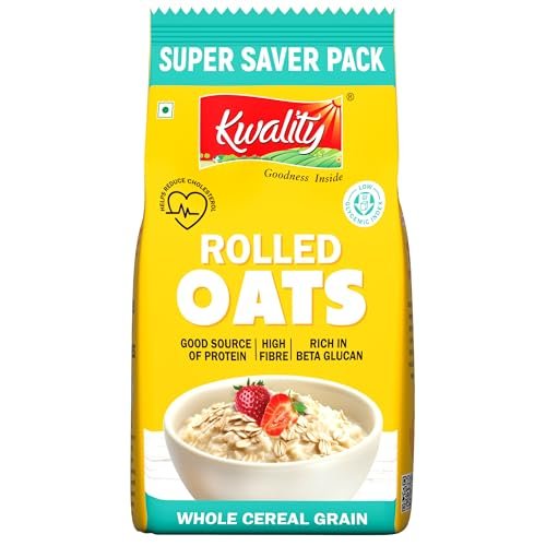 Kwality Rolled Oats 1kg Pouch | Wholegrain Oatmeal for Healthy Breakfast | High Fiber & Protein | Gluten-Free | No Added Sugar | Weight Management Friendly | Quick Cooking