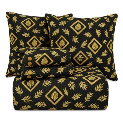 BSB HOME 220 TC 5 Piece Bedding Set with 1 Pc Bedsheet, 2 Pc Quilted Cushion with Zip, 2 Pc Pillow Covers – Heavy Glace Cotton Colour- Floral Black and Beige (90X 100 Inches)