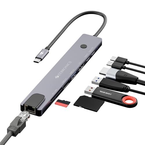 Zebronics 8-in-1 Type-C Multiport Hub, 100W PD Support, 5Gbps Data Transfer, HDMI 1.4 (4K@30Hz) with On/Off Button, USB, SD, mSD, RJ45, Metal Body, LED Display (CT81 Plus)