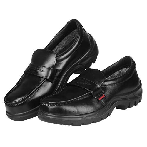 KARAM FS72 Slip-On Buff Grain Black Safety Shoes for Men | Single Density | Steel Toe | Black PU Sole | Antistatic, Antislip, Oil & Heat Resistant | Size-03