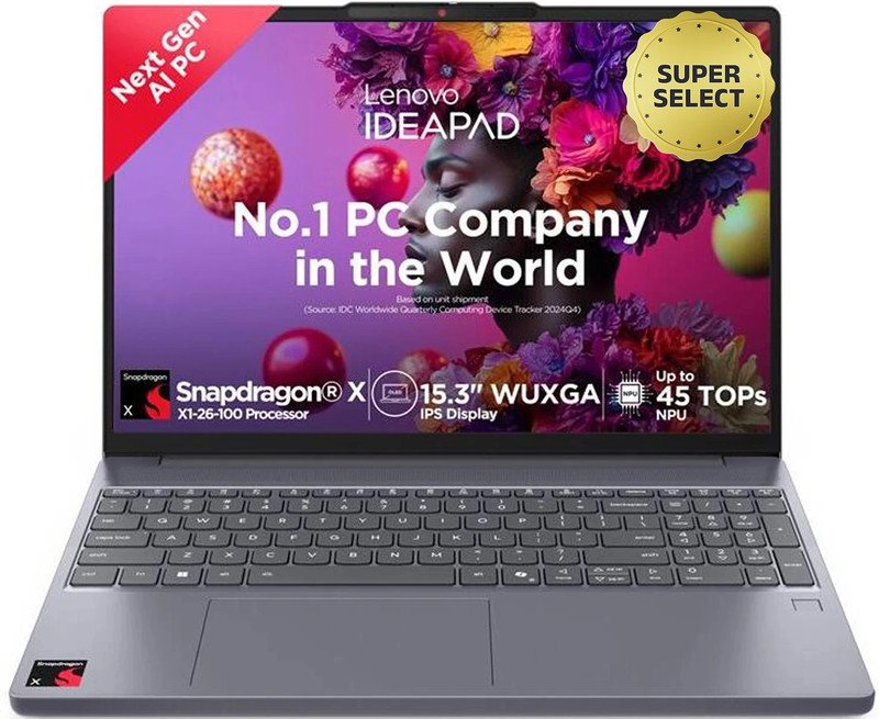 Lenovo IdeaPad Slim 3 Next Gen AI PC WUXGA IPS Copilot + PC with 1Yr ADP Snapdragon X – (16 GB/512 GB SSD/Windows 11 Home) 15Q8X10 Thin and Light Laptop(15.3 Inch, Luna Grey, 1.55 Kg, With MS Office)