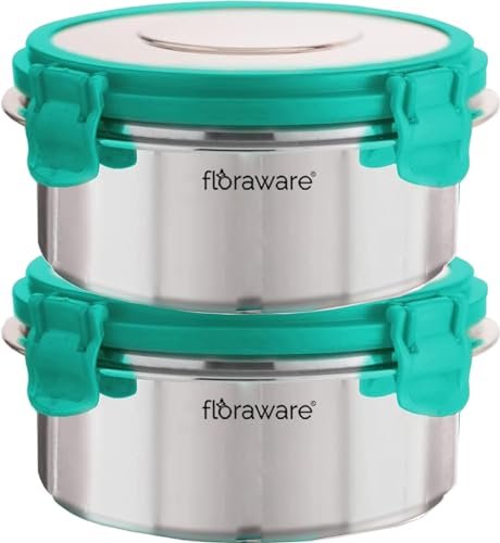Floraware Stainless Steel Insulated Airtight Leak-Proof Lunch Box Unbreakable Lid, Snacks Tiffin for Kids, Light Weight, Easy Clean for Office, School, Picnic & Travelling, Set 2, 500 ml Sea Green
