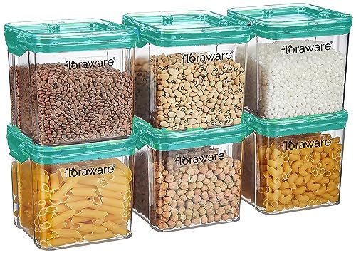 Floraware Food Safe Modular Plastic Square Airtight Containers, Stackable container, Storage Jar with Lid, Pack of 6, 700ml, Blue