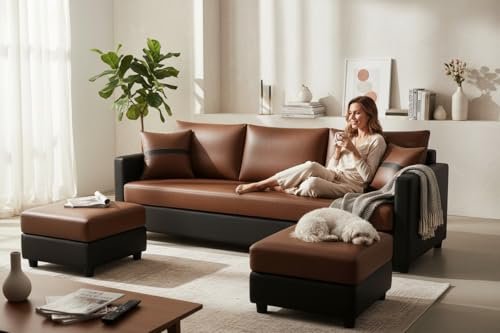 FURNY Opalz Premium 3 Seater Leatherette Sofa Set with 2 Ottomans for Living Room-Modern Fabric Sofa for Living Room | in Dual Brown Color in Leatherette | Durable Comfort | Modern