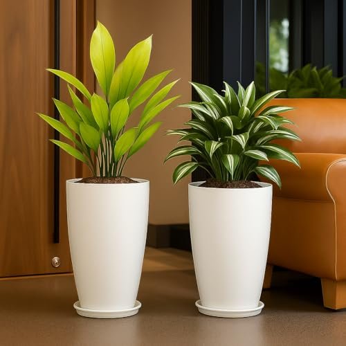 TrustBasket Blossom 18 Inch (Set of 2) Solid White Flower Pot| Lightweight & Durable for Indoor/Outdoor |Big Size Plants/Flower| Flower Pot for Living Room | Big Planters/Vase for Home Decor & Garden