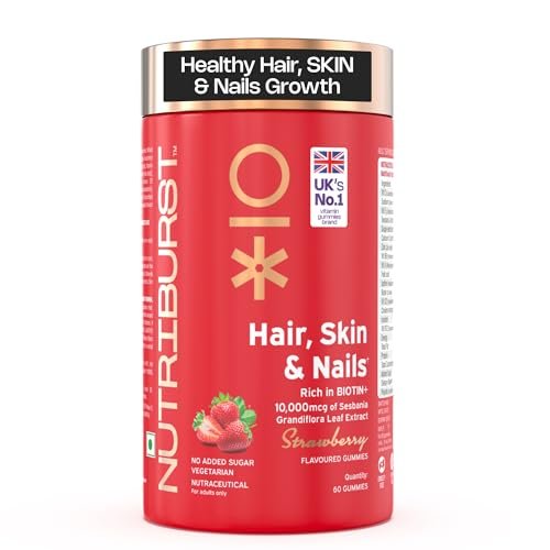 Nutriburst Biotin Gummies for Healthy Hair, Skin & Nails Growth | With High Potency 10000 mcg of Sesbania Extract Natural Biotin,Folic Acid & Multivitamins, No-Added Sugar, Strawberry Flavor|60 Gummy