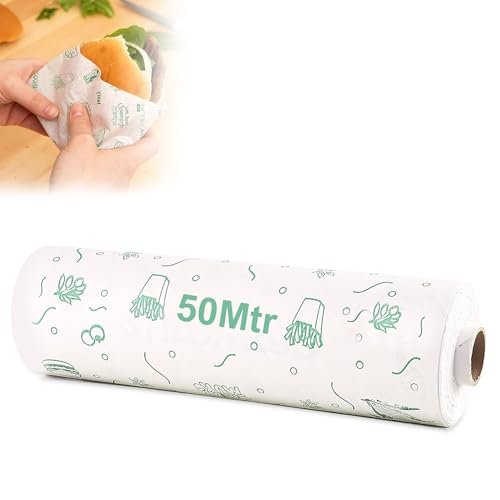 GLUN® 50 Meter Graseproof Wrapping Paper Roll, Non-Stick Back Food Wrapping Paper, Roti Wrapping, Baking Non-Stick, Re-Heatable, Oven Safe Paper