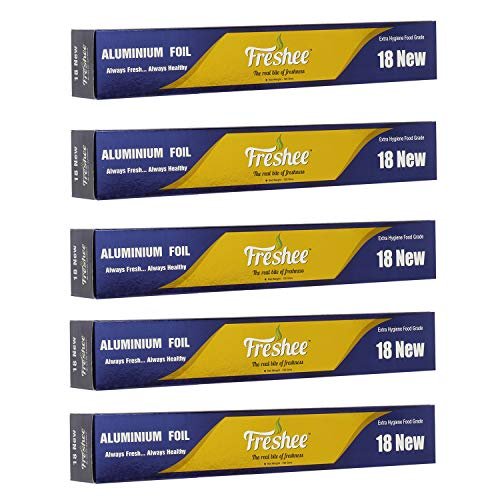 Freshee 18m New Aluminium Silver Kitchen Foil Roll Paper Pack of 5|11 Micron Thick|Food wrap|Disposable Food Parcel|Fresh Food