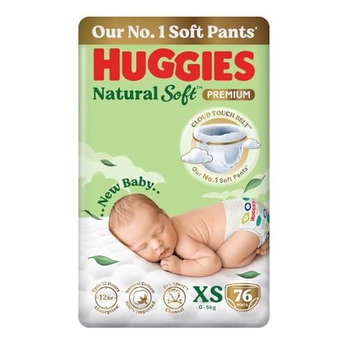 Huggies Natural Soft Premium Baby Diaper Pants, Our No.1 Soft Pants, New Born/Extra Small (XS) Size (0-5 Kgs), Pack of 76 | Cloud Softness All over with India’s 1st Cloud Touch BeltTM