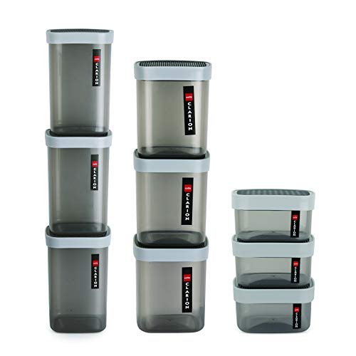 CELLO Clarion Square Storage Containers with Lid, Set of 9 Pcs (500ml, 1000ml, 2200ml) X 3, Grey | BPA Free PET Body, Air Tight & Stackable | Multipurpose Transparent Storage Containers For Kitchen