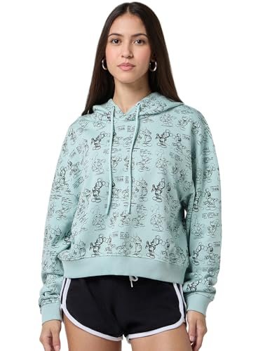Bewakoof Official Disney Merchandise Mickey Mouse Women’s AOP Oversized Fit Full Sleeve Hooded Cotton Blend Hoodies_682779_Green_2XL