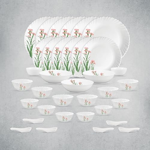 La Opala Opal Glass Crockery | for Family of 6 | Dinner Set 35 pcs Pink Florets | Plates & Bowls for Dining | Microwave Safe | 100% Vegetarian | Extra Strong | Extra Light & White