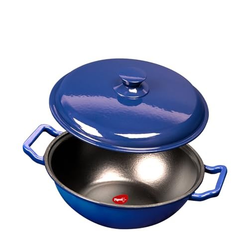 Pigeon By Stovekraft Cast Iron Kadai with Cast Iron Lid | Medium, 24 Cm | Enamel Coated | Luxurious Mirror Finish | Toxin-Free | High Pressure Casting | Cook with Style, Elegance & Comfort, Blue