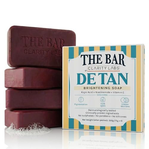 Clarity Labs | DETAN BRIGHTENING SOAP | (Pack of 4) | Tan Removal | KOJIC ACID SOAP | Niacinamide | Vitamin C Kojic | Dark Spot Removal | Even Skin Tone | Glowing Brighter Skin | Reduces underarm pigmentation