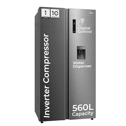 Midea 560 L Side by Side Refrigerator, Inverter Compressor, Multi Air Flow Cooling, Water Dispenser (Frost Free, Energy Efficient, Large Capacity, Bru-Steel Finish)