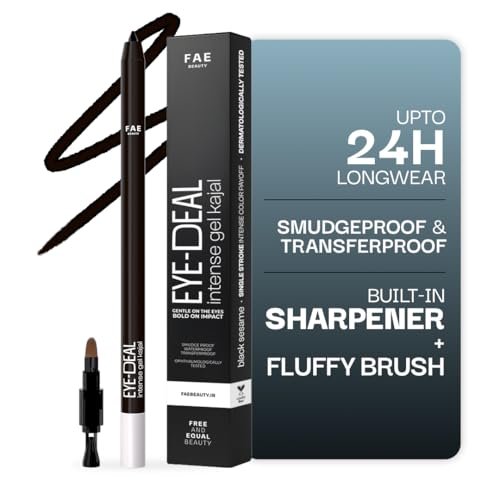 FAE Beauty 24Hr Longstay Eye-Deal Intense Gel Kajal -Smudgeproof, Waterproof, With Built-in Sharpener & Fine Bristle Brush| Matte Finish | One Swipe Application, Non-Irritant, Ophthalmologically & Dermat Tested – Black Sesame