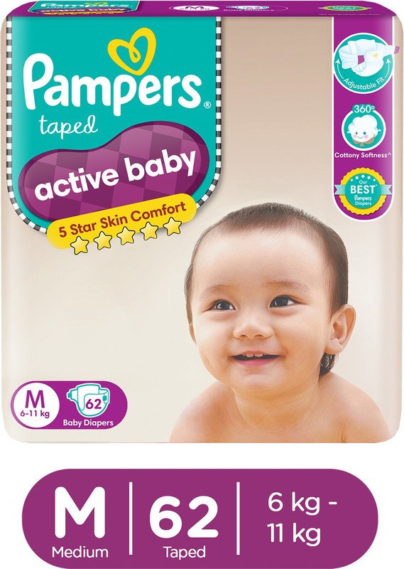 Pampers Active Baby Taped Diapers with Adjustable Fit – M(62 Pieces)
