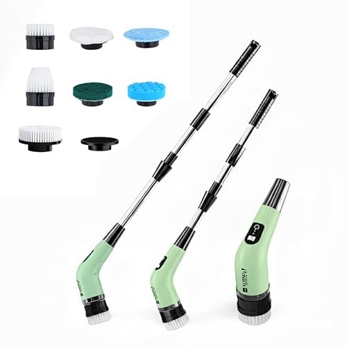 Cello Telescopic Electric Spin Scrubber Pastel Green | Rechargeable Cordless Cleaner with 7 Interchangeable Brush Heads, Dual Speed & Adjustable Handle, 90-Min Long Use for Bathroom, Kitchen Cleaning