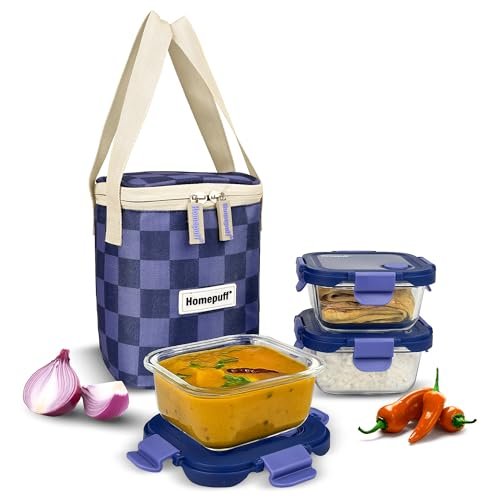 Home Puff Borosilicate Glass Lunch Box with Lunch Bag, Snap Lock, Airvent, Airtight, Leakproof Lid | Tiffin Box for Office School, Food Grade Containers with Microwave, Freezer Safe (3pc/ 320ml Each)