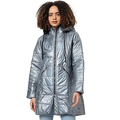 Campus Sutra Women’s Grey Vinyl Puffer Regular Fit Bomber Jacket For Winter Wear | Standing Collar | Full Sleeve | Zipper | Casual Jacket For Woman & Girl