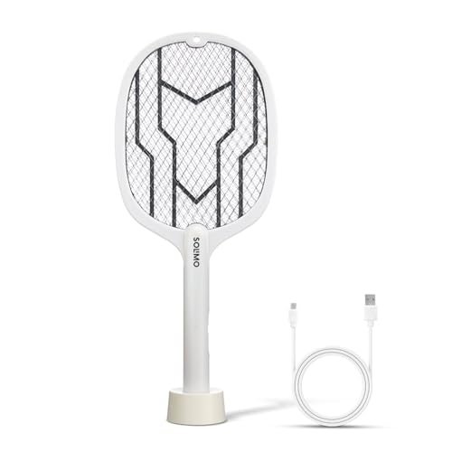Amazon Brand – Solimo Anti Mosquito Racquet with Base Stand | Rechargeable Electric Fly Swatter | Handheld Bug Zapper Bat | 1200 mAH Li-ion Battery | USB Charging, ‎White Grey