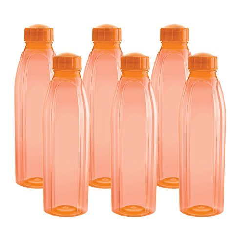 CELLO Crystal Water Bottles Set of 6 Pcs For Daily Use 1000ml Orange | Stylish & Unbreakable BPA-Free Leakproof Lightweight Freezer & Fridge Safe Pet Water Bottle For School Home Gym Travel & Office