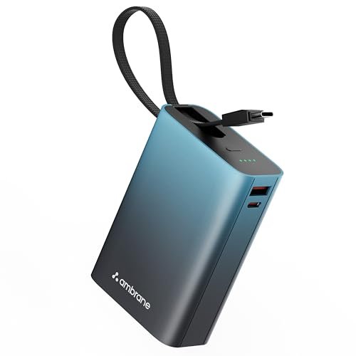 Ambrane 20000mAh Small Pocket Size Powerbank, Hanging InBuilt Type C Cable, 22.5W Fast Charging, Type C PD & USB Output for iPhone, Android Mobiles & Other Devices (MiniCharge 20, Black-Blue)