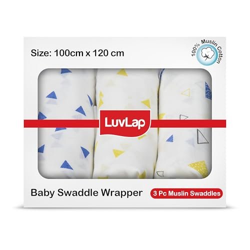 LuvLap 100% Cotton Muslin Baby Swaddle Set, Baby Towel, Size-120cm x 100cm (47″x39″), Triangles Printed on White, 0-18 Month+, Printed Mulmal Muslin Swaddle Wrap for New Born, Pack of 3