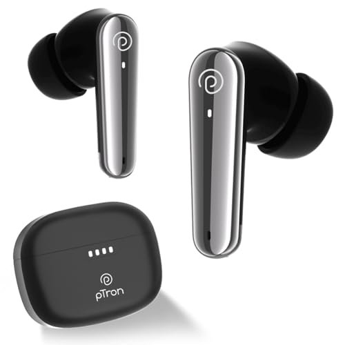 pTron Basspods Tour TWS Earbuds with 3D AudioScape, 45Hrs Playtime, TruTalk AI-ENC Calls, 50ms Low Latency Sync, BT v5.3, Type-C Fast Charging, Voice Asst. & IPX5 Water Resistant (Black)