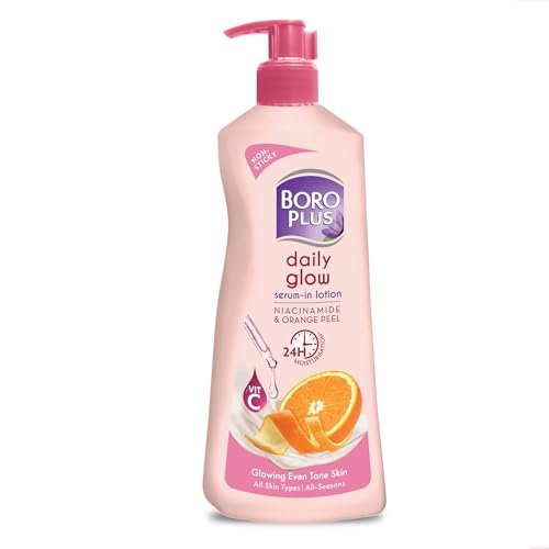 BoroPlus Daily Glow Body Lotion | With Niacinamide, Orange Peel & Triple UV Filters | 24 hrs Moisturisation | For Glowing Even Tone Skin | All Seasons | All Skin Types | No Added Parabens | 400ml