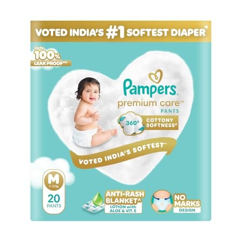 Pampers Premium Care Pant Style Baby Diapers, Medium (M), 20 Count, 7-12kg, All-in-1 with 360 Cottony Softness Diapers