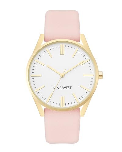 Nine West Women’s Analog Watch, Gold-Tone and Pink Strap, Vegan Leather Strap, Japanese Quartz Movement, Second Hand Feature, 40mm Case