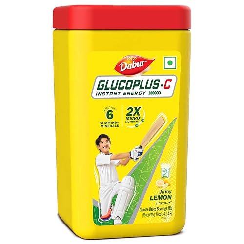 Dabur Glucoplus C Instant Powder Energy Glucose (Lemon Flavour) – 400gm | Replenishes Energy with 6 Added Vitamins and Minerals | 20% More Glucose In Every Sip | Vitamin C and Zinc Helps Boost Immunity | Calcium, Phosphorus and Vitamin K Support Bone Health