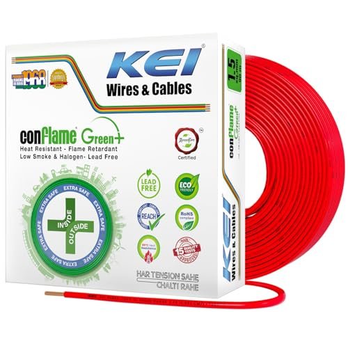KEI CONFLAME GREEN PLUS 1.5 sqmm 1 Core Copper Heat Resistant Flame Retardant Low Smoke & Halogen – Lead Free House Wire for Domestic & Industrial Electrical Wiring (Red, 90 Meters)