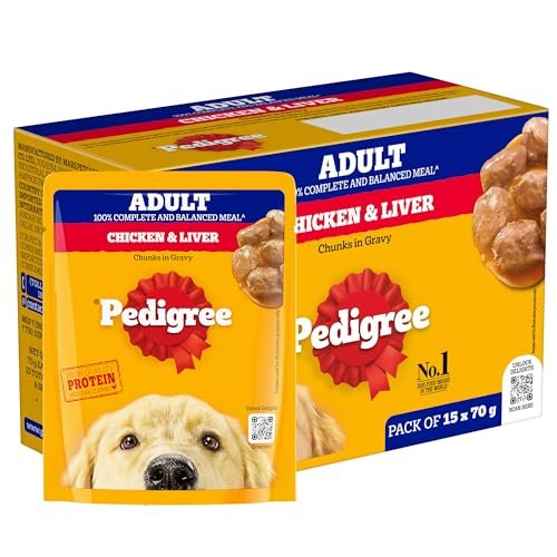 Pedigree Adult Wet Dog Food, Chicken & Liver Chunks in Gravy, 70 g (Pack of 15), Complete & Balanced Meal for Adult Dogs