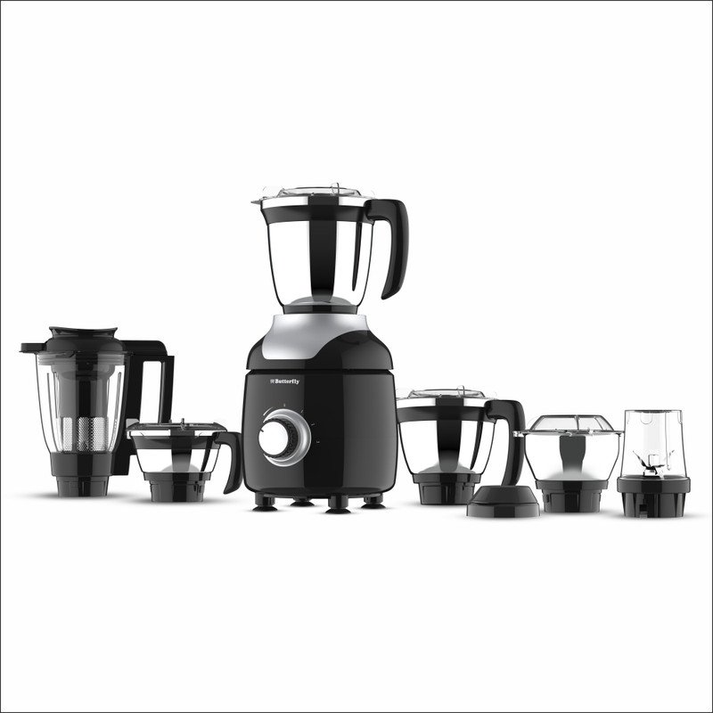 Butterfly Ziera Chrome with Coarse Grinding Jar 750 W Juicer Mixer Grinder(Zeira Chrome | 6 Jars | Black with Chrome)