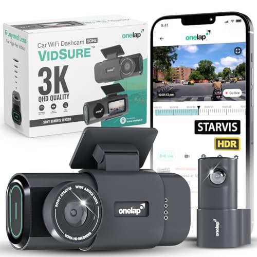 Onelap Vidsure™ (2026 Sony STARVIS IMX335) – 3K UpScaled to 4K Dashcam for Car | Front and Rear | 5MP 3840p QHD Front | 5.8Ghz WiFi | 2MP 1080p FHD Rear | HDR |1.47″ LCD | Dual Port Charger