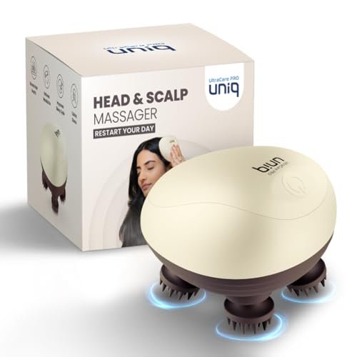 UltraCare PRO UNIQ Head and Scalp Massager for Hair Growth & Stress Relief, with 360° Rotating Nodes, 3 Modes, Cordless, Rechargeable, Auto-Off (White)