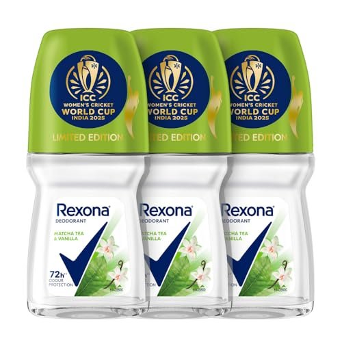 Rexona Matcha Tea & Vanilla Antiperspirant Roll-On | for Women | 72H Odour Protection | Limited Edition Pack – ICC Women’s Cricket World Cup India 2025 |50 ML (Pack of 3)
