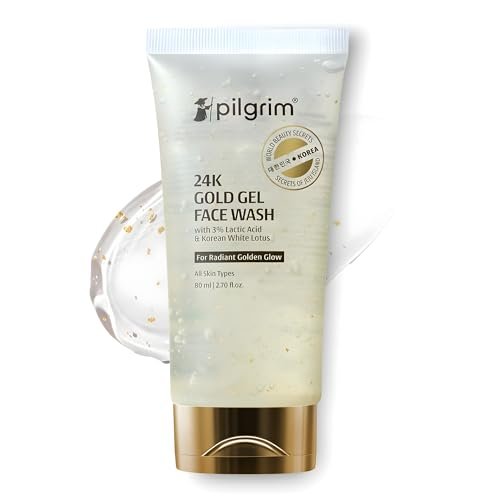 Pilgrim 24k Gold Gel Facewash with Korean White Lotus & Lactic Acid 80ml | Face wash for glowing skin | Reduce dark spot and improves skin texture | Removes dullness | For All Skin Types I For Women and Men