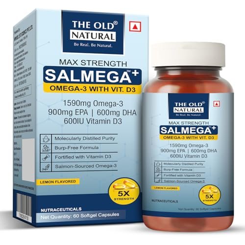 The Old Natural Salmega Omega 3 Fish Oil with Vitamin D3 600 IU – 1590mg High Strength (900mg EPA & 600mg DHA) for Heart, Brain, Joint & Immunity Support – Fish Oil Capsules for Men & Women – 60 Softgels