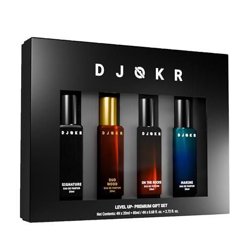 Djokr Perfume for Man | 4×20 ML | Perfume for Men Long Lasting Smell, Gift for Man, Eau De Parfum Men, Premium Luxury Long Lasting Fragrance Spray (On The Rocks, Oud Wood, Signature, Marine)
