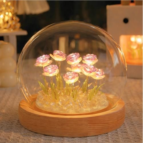 One94Store Rose LED Night Lamp | Wooden Base Circle Shape with 9 Artificial Dual Shade Rose Flowers (Purple & White) | Table Decoration Light for Bedroom, Party, Birthday